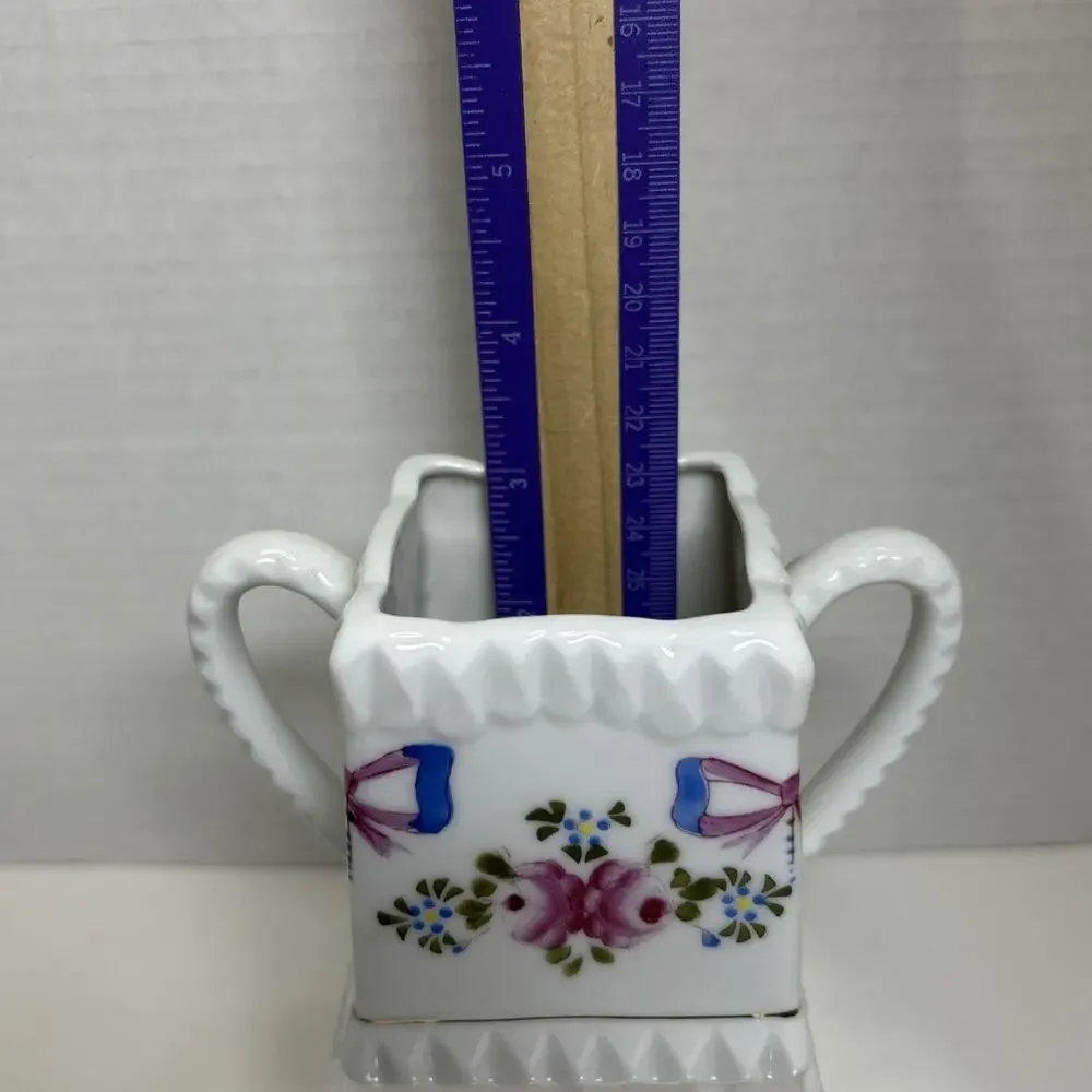 Vtg Fred Roberts Square Open Sugar Bowl Handpainted Roses + Bowes Ceramic